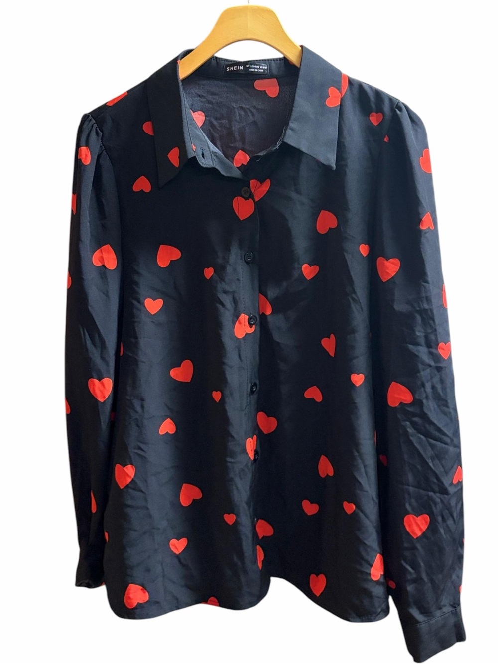 SHEIN Black Button-Up Jacket with Red Heart Print